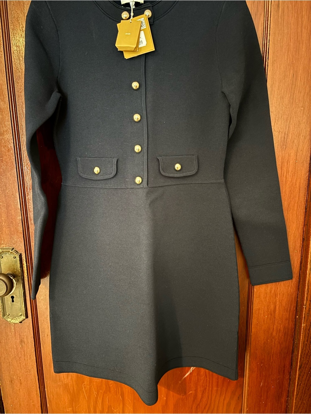 New Sandro Navy Long-Sleeve A-Line Dress with Gold Buttons